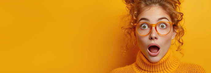 Surprised, shocking, excited young woman with her mouth open on a yellow background. Сopy space for text.Banner - obrazy, fototapety, plakaty