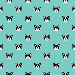 Seamless Pattern with Cartoon French Bulldog Fcae Design on Green Background