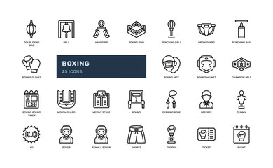 boxing fighting combat athlete martial art detailed outline line icon set