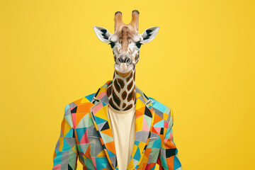 Giraffe in a suit with a mosaic of bright geometric shapes combined with a plain ivory t-shirt on a yellow studio background