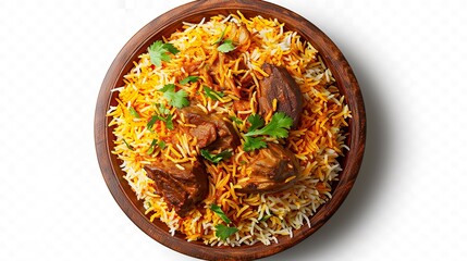 Top View Mutton Biryani on a Wooden Plate on a White Background