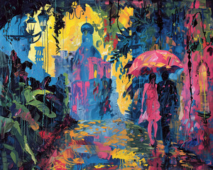 Street Scene Love Couple Colorful Oil Painting old style Drawing Technique Art HD Print 7200x5760 Neo Art V2 2