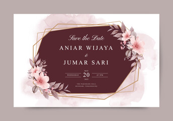 Elegant template wedding invitation card with red floral and geometric frame