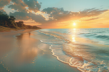 A secluded beach with calm, clear waters that gently lap the shore at sunrise. - obrazy, fototapety, plakaty
