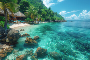 A tropical beach with palm trees swaying in the breeze and crystal clear waters.