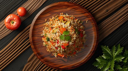 Top View Vegetable Biryani on a Wooden Plate