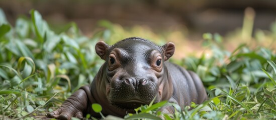 A baby hippopotamus is lying down peacefully in the grass at the New Delhi Zoo. The cute calf is taking a rest under the sun, surrounded by lush greenery.