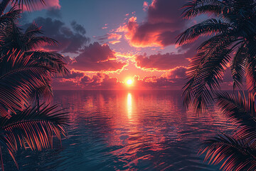 Sunset silhouettes with palm trees framing the horizon in shades of orange, pink and purple.