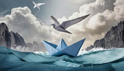 fantasy Paper boats floating in the sea with seagull flying above them