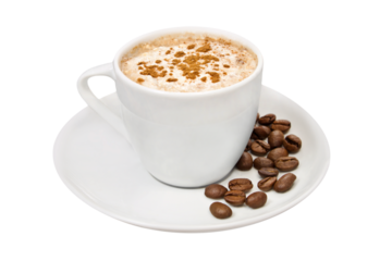 1 Tasse Kaffee mit Kaffeebohnen und Hintergrund transparent PNG cut out