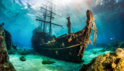 Ancient sunken pirate ship resting in the depths of the blue sea. Underwater photo - obrazy, fototapety, plakaty