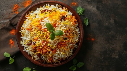Top View Vegetable Biryani on a Wooden Plate