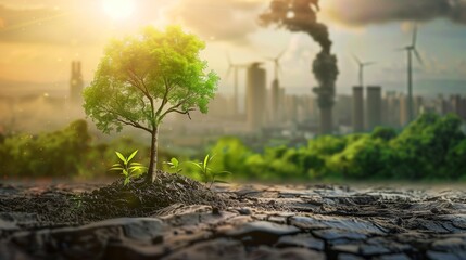 Decarbonization, featuring a vibrant green plant in the foreground with a CO2-emitting industrial chimney in the background, symbolizing the balance between industry and environmental sustainability. - obrazy, fototapety, plakaty