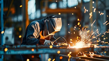 A skilled welder in protective gear meticulously joins metal parts using a welding torch in an industrial workshop, surrounded by sparks and equipment. - obrazy, fototapety, plakaty