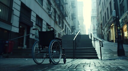 An empty wheelchair abandoned at the bottom of a concrete staircase outdoors, highlighting the challenges and barriers faced by individuals with disabilities in urban environments - obrazy, fototapety, plakaty
