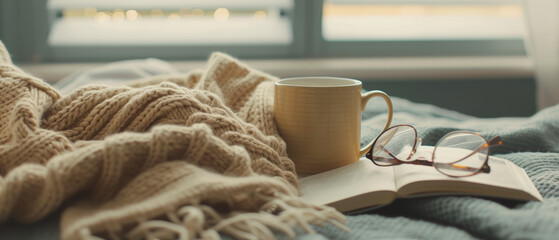 A peaceful reading nook with a book, cozy knit blanket, mug, and glasses on a winter morning. - obrazy, fototapety, plakaty