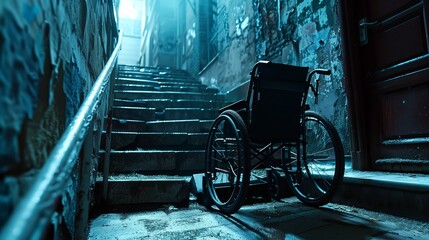 An empty wheelchair abandoned at the bottom of a concrete staircase outdoors, highlighting the challenges and barriers faced by individuals with disabilities in urban environments