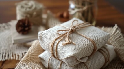 Eco-friendly zero waste gift wrapping concept showcasing handcrafted packaging using organic, biodegradable materials like textiles and natural fabric, promoting sustainable gifting.