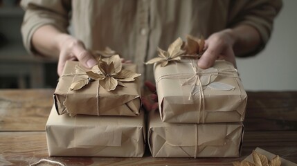Eco-friendly zero waste gift wrapping concept showcasing handcrafted packaging using organic, biodegradable materials like textiles and natural fabric, promoting sustainable gifting. - obrazy, fototapety, plakaty