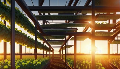 The sunlight shines through the windows of a plant filled greenhouse, illuminating the building with natural light and creating a warm and inviting atmosphere