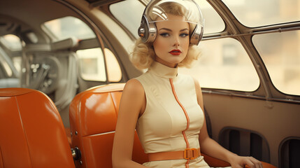 woman in car in reflective helmet sitting, relaxing during travel journey, science fiction and retro fashion, vintage and retrofuturistic concept