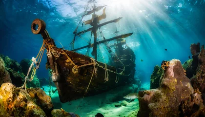 Fotobehang Ancient sunken pirate ship resting in the depths of the blue sea. Underwater photo © Arda ALTAY