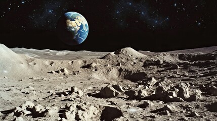 Moon's terrain with a view of Earth - obrazy, fototapety, plakaty
