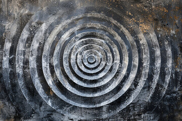 An abstract representation of sound waves, visualized as concentric, geometric rings expanding on a muted, fossil-gray canvas, illustrating the ripple effect.
