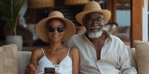A content and affectionate senior couple enjoying retirement outdoors, capturing a moment with a smartphone.