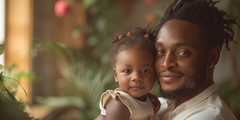 An affectionate African American father playing and embracing his cute baby girl, radiating happiness.