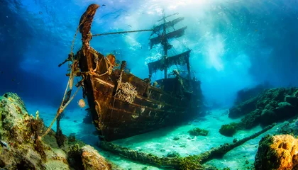 Fotobehang Ancient sunken pirate ship resting in the depths of the blue sea. Underwater photo © Arda ALTAY