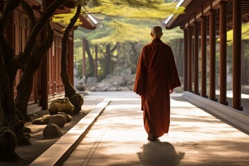 
Serene Buddhist monk in his 50s walking along the peaceful corridors of a Japanese monastery - Powered by Adobe