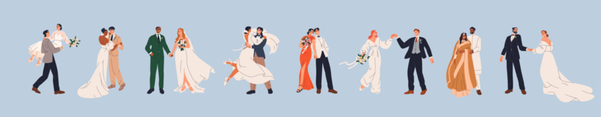 Bride and groom on wedding day, marriage ceremony. Just married love couple, newlyweds set. Happy romantic man bridegroom in suit and woman in dress. Isolated flat graphic vector illustrations