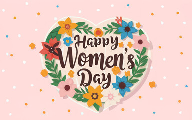 Heart-shaped 'Happy Women's Day' message adorned with a vivid array of flowers and festive dots