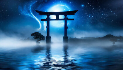 Silhouette of Torii gate in the middle of a foggy lake with full moon - obrazy, fototapety, plakaty