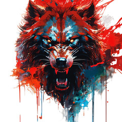Wolf's head in red and blue paint splashes on background