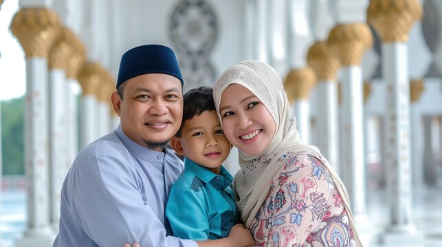 Asian muslims family with background of mosque hallway