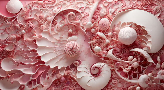Beautiful pink background with seashells and amonites