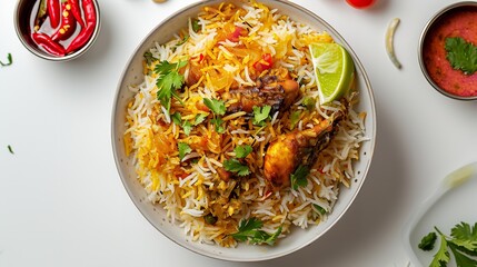 View of Fish Biryani from Above on a White Background

