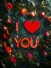 Vivid red roses and the glowing text 'I Love You' creates a powerful image of passion and deep emotions on a dark background