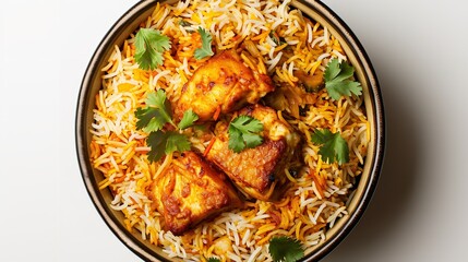 View of Fish Biryani from Above on a White Background

