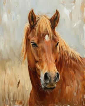 This image showcases a close-up of a majestic brown horse with a warm and gentle expression against a soft painted background