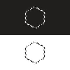 Twisted barbed wire silhouettes set in rounded and square shapes. Vector illustration of steel black wire barb fence frames.