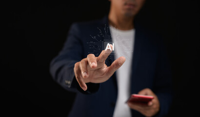 Businessman holds an artificial intelligence chip man using technology smart robot AI, artificial intelligence Futuristic technology transformation.