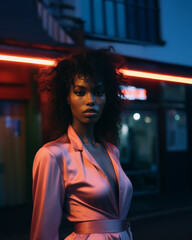 Beautiful Fashion Black Model with long hair and a satin pastel pink dress with sleeves into a night city street with some neons as a blurry background