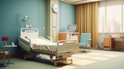 Hospital interior in a recovery or children's inpatient room with a bed and amenities