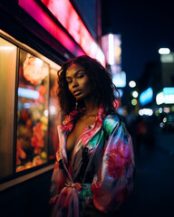 Beautiful Fashion Black Model with a satiny colorful overcoat into a night city street with many neons as a blurry background