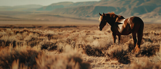 A majestic horse ambles alone in a vast desert landscape under a wide, open sky. - obrazy, fototapety, plakaty