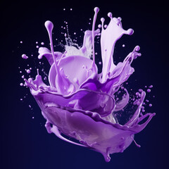 big Splash of shiny violet paint with lots of small drops on a dark background