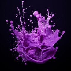 big Splash of shiny violet paint with lots of tiny drops on a dark background